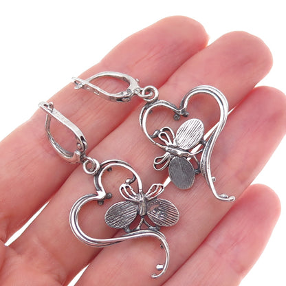 925 Sterling Vintage Poland Real Goldstone Butterfly & Heart Dangle Earrings