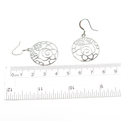 925 Sterling Silver Vintage Ornate Rose Flower Dangle Earrings