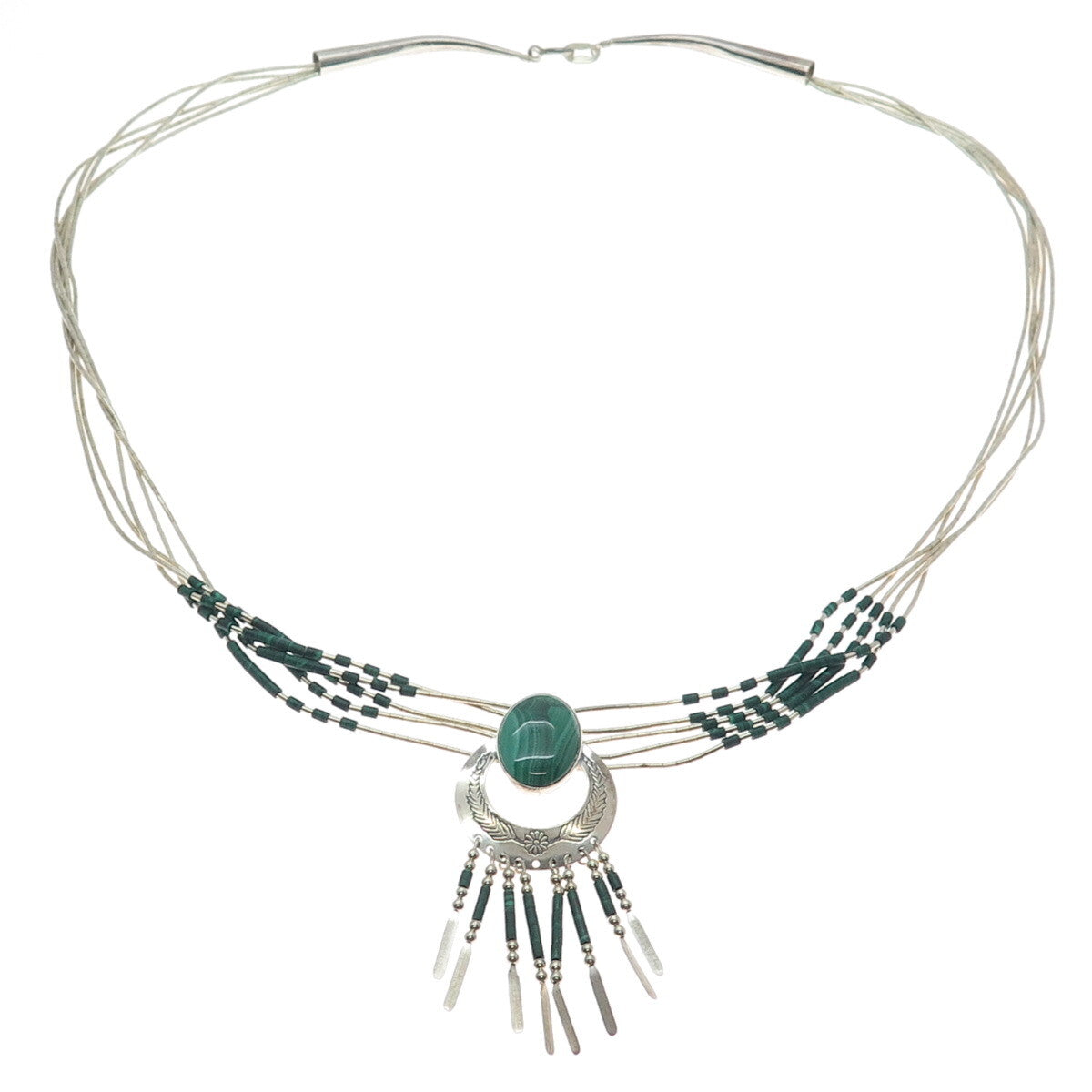 THOMAS SINGER Old Pawn Sterling Silver Vintage Malachite 5-Strand Necklace 22"