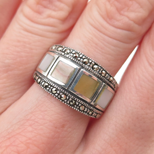 Charles Winston 925 Sterling Silver Vintage Real MOP & Marcasite Ring Size 8.75