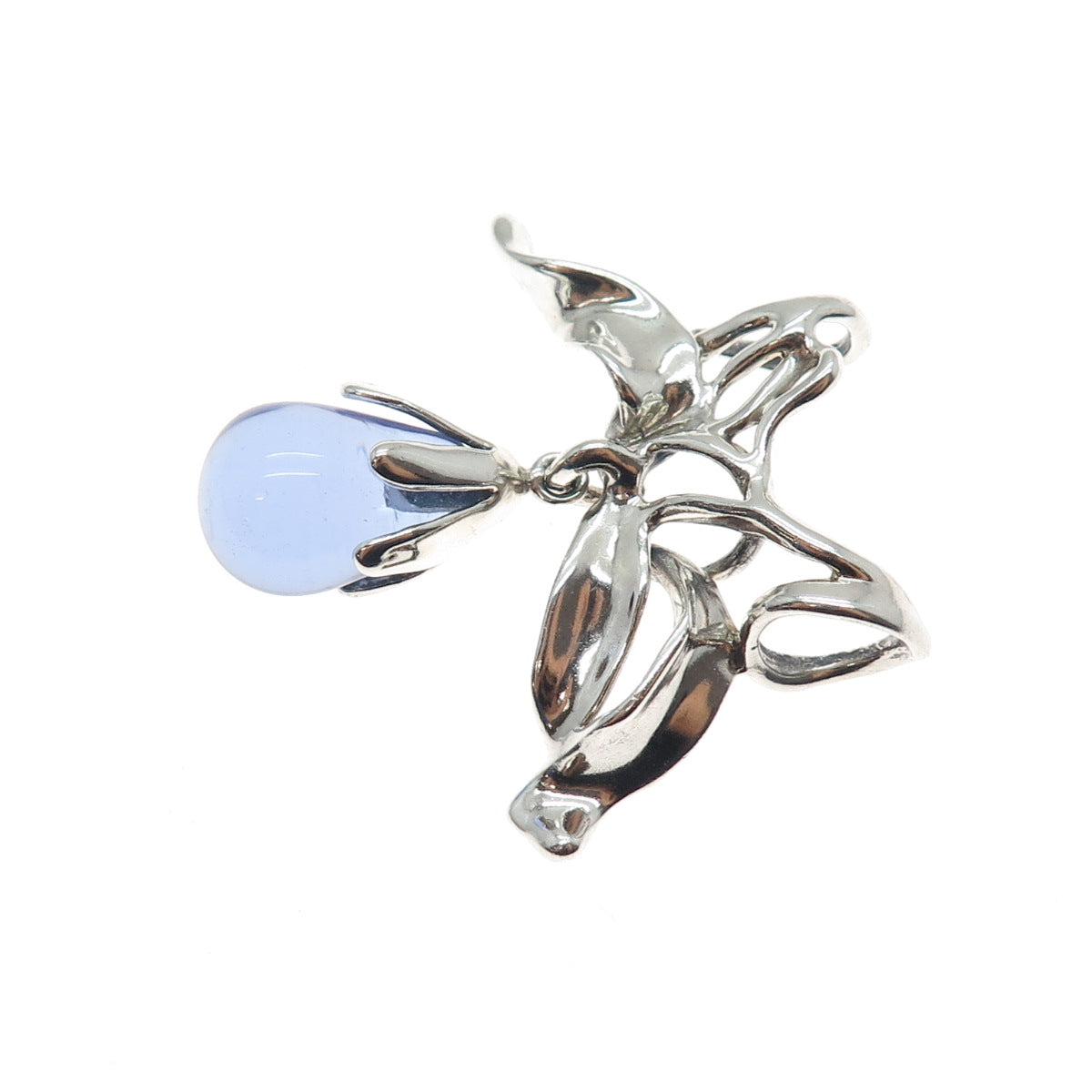 925 Sterling Silver Vintage Blue Glass Modernist Ribbon Bow Slide Pendant