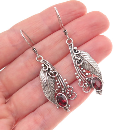 925 Sterling Silver Vintage Real Red Garnet Floral Oxidized Dangle Earrings