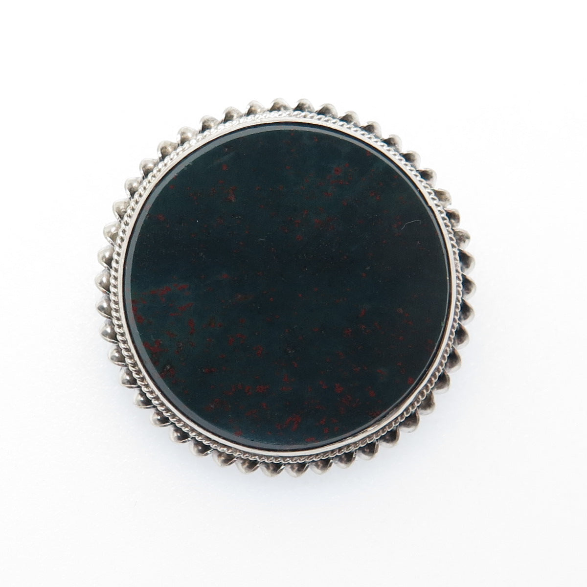 Silver-Tone Antique Victorian Real Round-Cut Bloodstone Twisted Bezel Pin Brooch