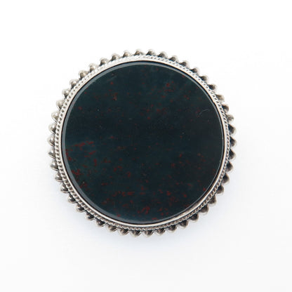 Silver-Tone Antique Victorian Real Round-Cut Bloodstone Twisted Bezel Pin Brooch