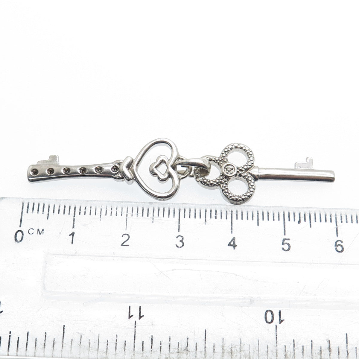 925 Sterling Silver Real Diamond Heart & Club Key Double Charm Pendant