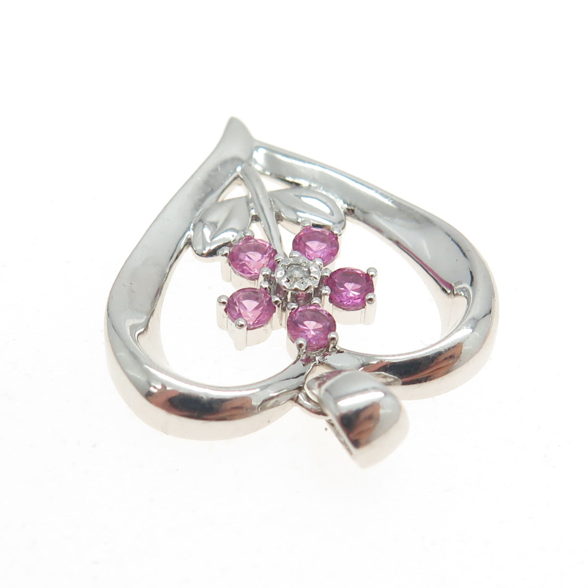 925 Sterling Silver Real White Diamond & Pink Sapphire Gem Heart Floral Pendant