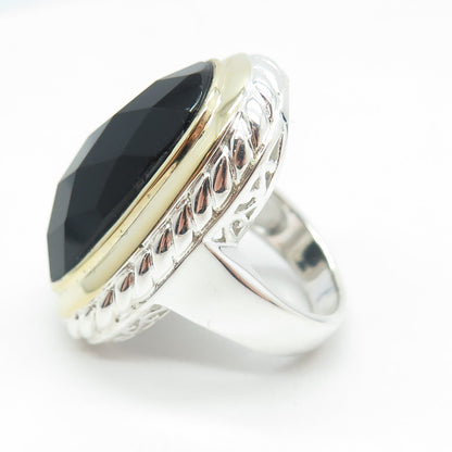 925 Sterling Silver 2-Tone Real Black Onyx Gemstone Statement Ring Size 5.75