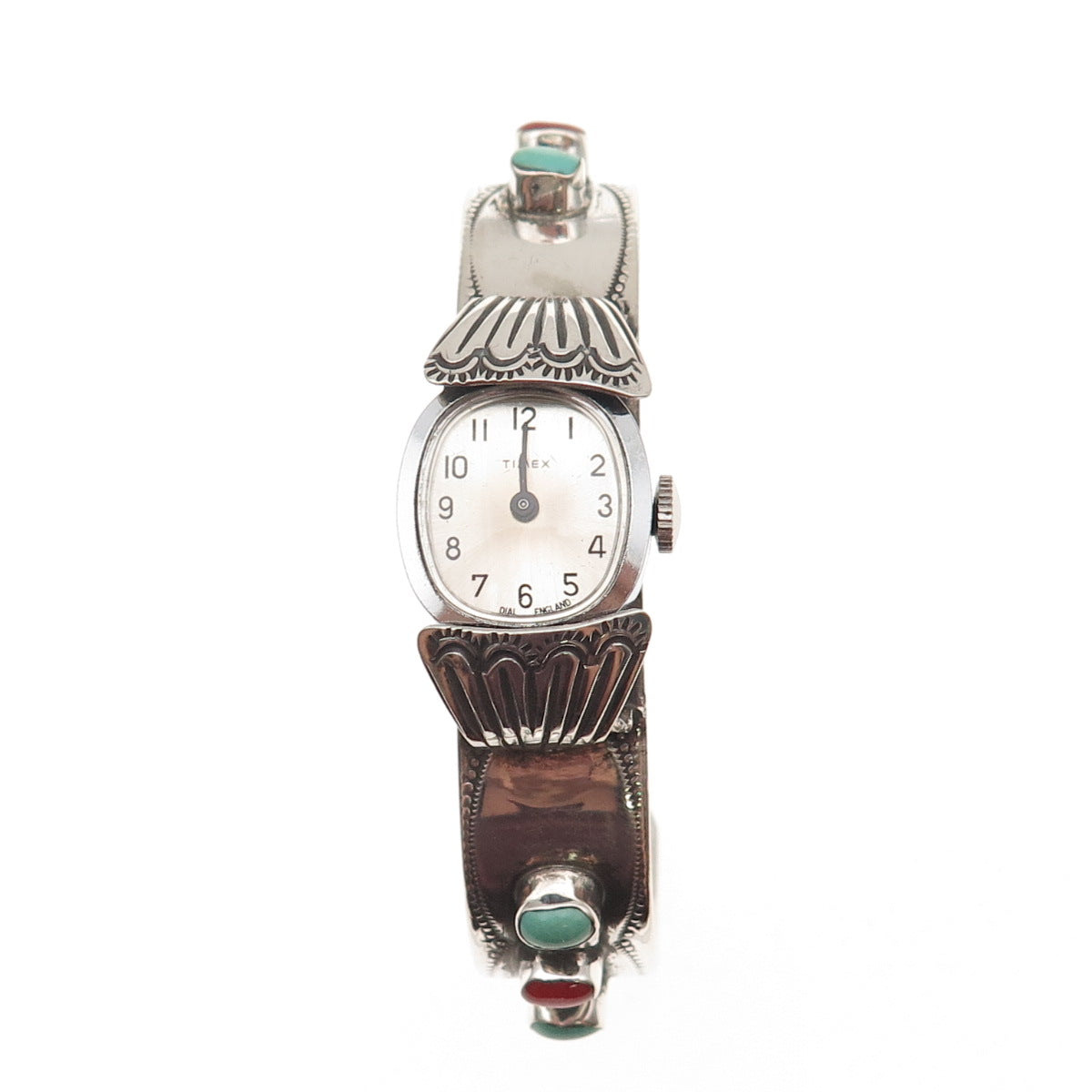 Willie Long Navajo Timex Watch Old Pawn Sterling Turquoise Coral Bracelet 5.75"