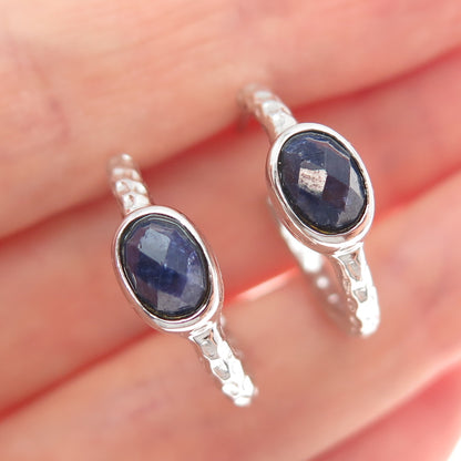 925 Sterling Silver Real Oval-Cut Sapphire Hoop Earrings