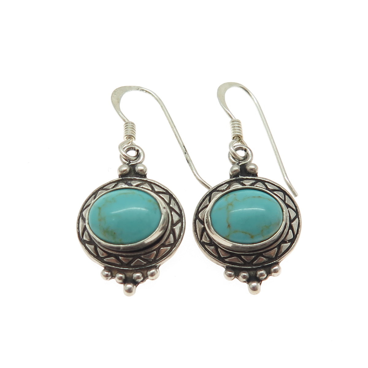 925 Sterling Silver Vintage Real Turquoise Gemstone Ethnic Dangling Earrings