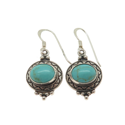 925 Sterling Silver Vintage Real Turquoise Gemstone Ethnic Dangling Earrings