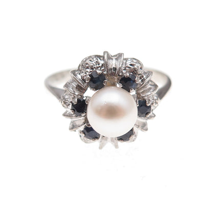 835 Silver Antique Art Deco Real Pearl & Sapphire Bohemian Ring Size 8.25