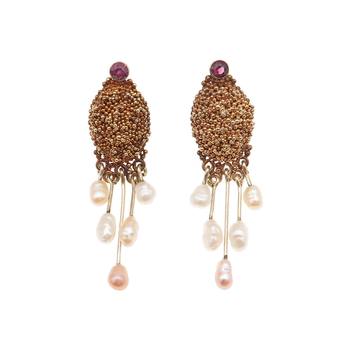925 Sterling Silver Gold Plated Vintage Real Pearl & Amethyst Modernist Earrings