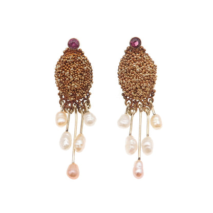 925 Sterling Silver Gold Plated Vintage Real Pearl & Amethyst Modernist Earrings