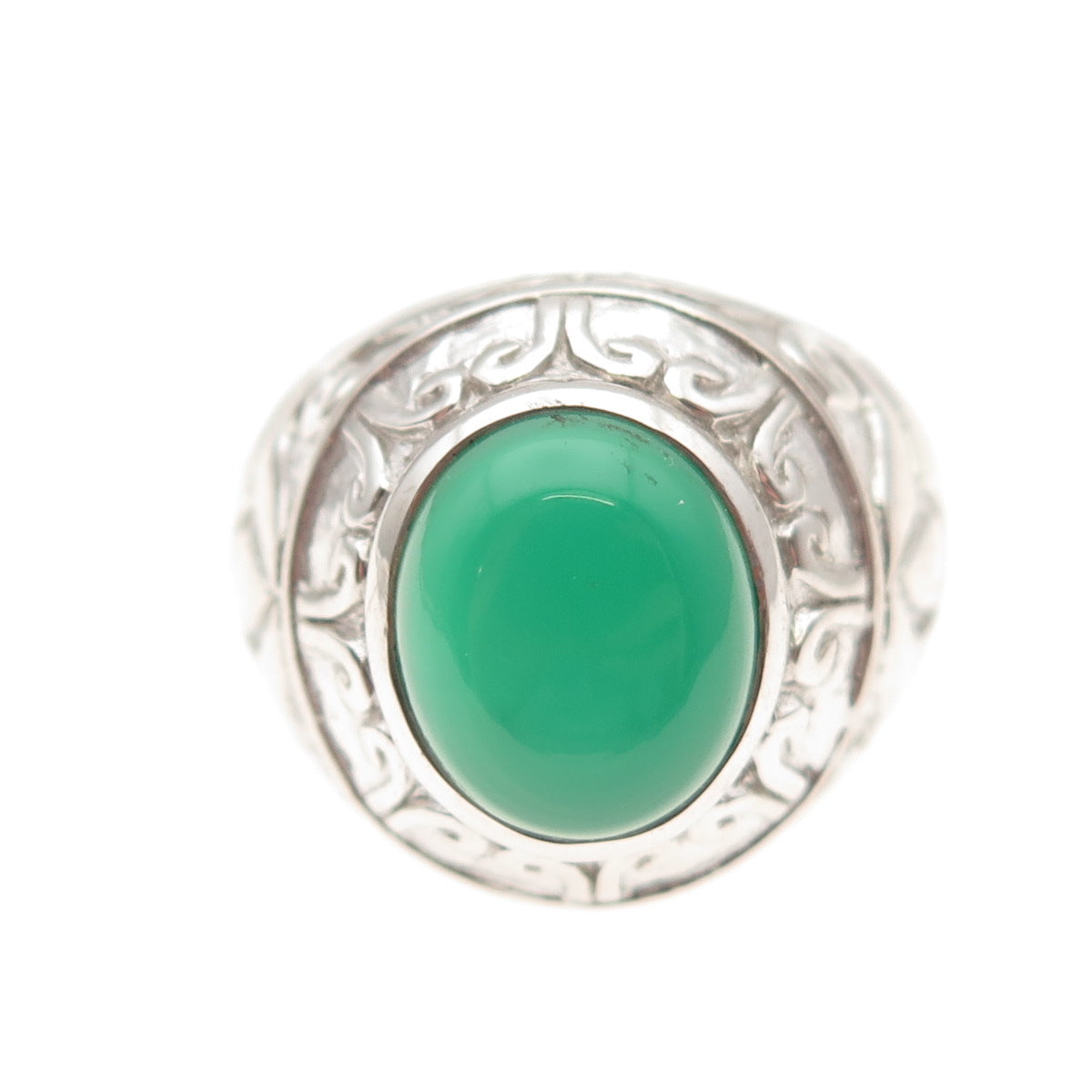 925 Sterling Silver Real Green Agate Floral Scroll Ring Size 7.75