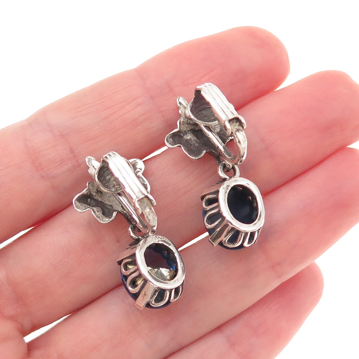 Cini 925 Sterling Silver Antique Art Deco Blue Glass Floral Clip On Earrings