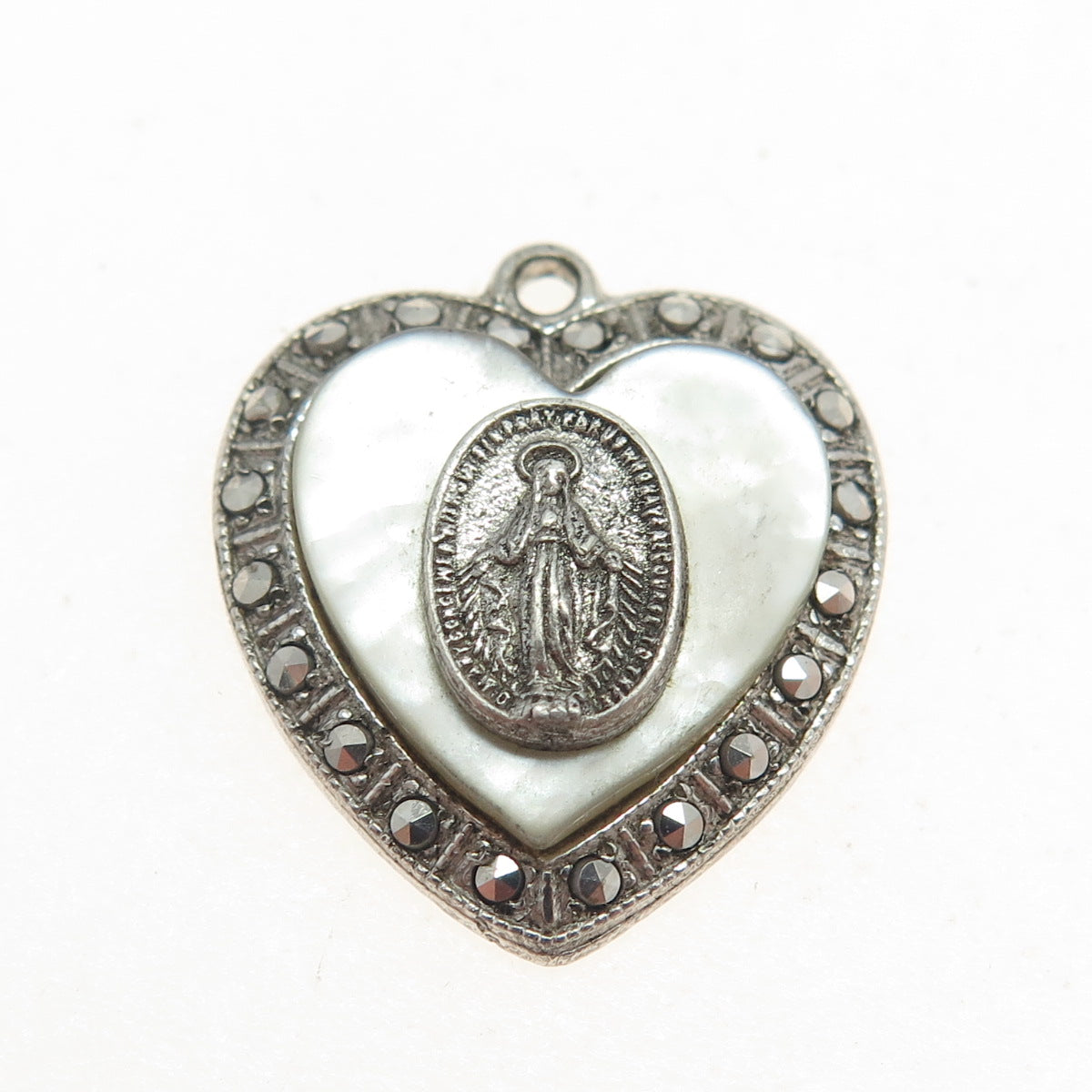 925 Sterling Silver Antique Real MOP & Marcasite Gem St. Mary Religious Pendant