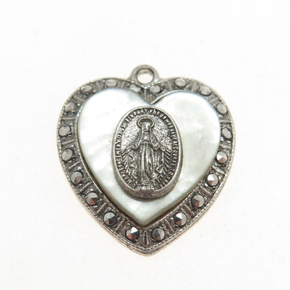 925 Sterling Silver Antique Real MOP & Marcasite Gem St. Mary Religious Pendant