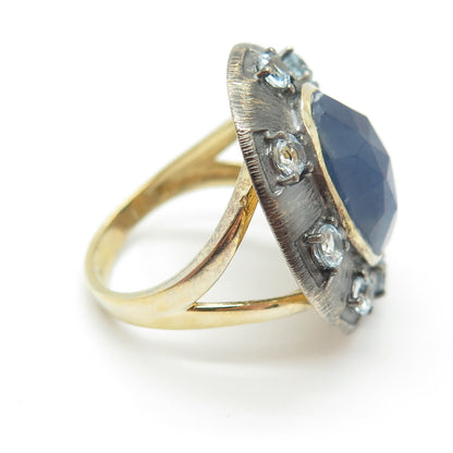 DSMK 925 Sterling Silver Gold Plated Real Sapphire Topaz Oxidized Ring Size 7.25
