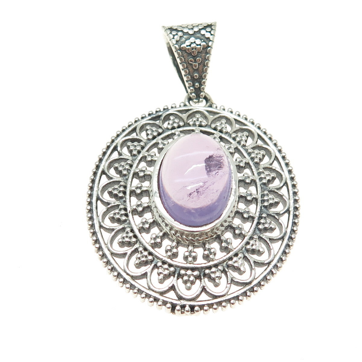 925 Sterling Silver Vintage Real Amethyst Granulated Floral Oxidized Pendant