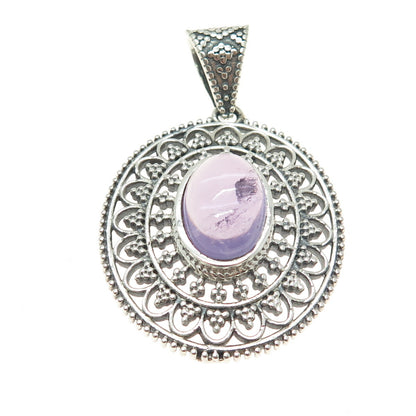 925 Sterling Silver Vintage Real Amethyst Granulated Floral Oxidized Pendant