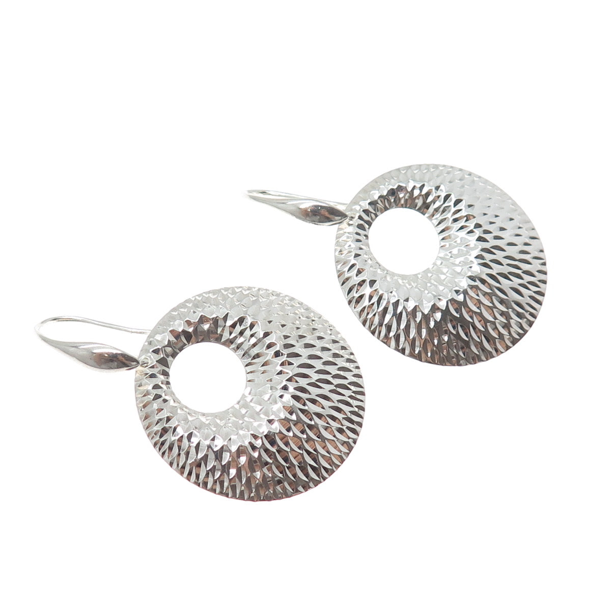 925 Sterling Silver Vintage Modernist Crescent Diamond-Cut Disc Dangle Earrings