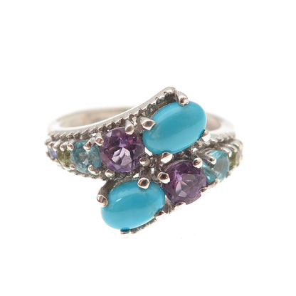 Chuck Clemency 925 Sterling Silver Real Turquoise & Multi-Gem Bypass Ring Size 6