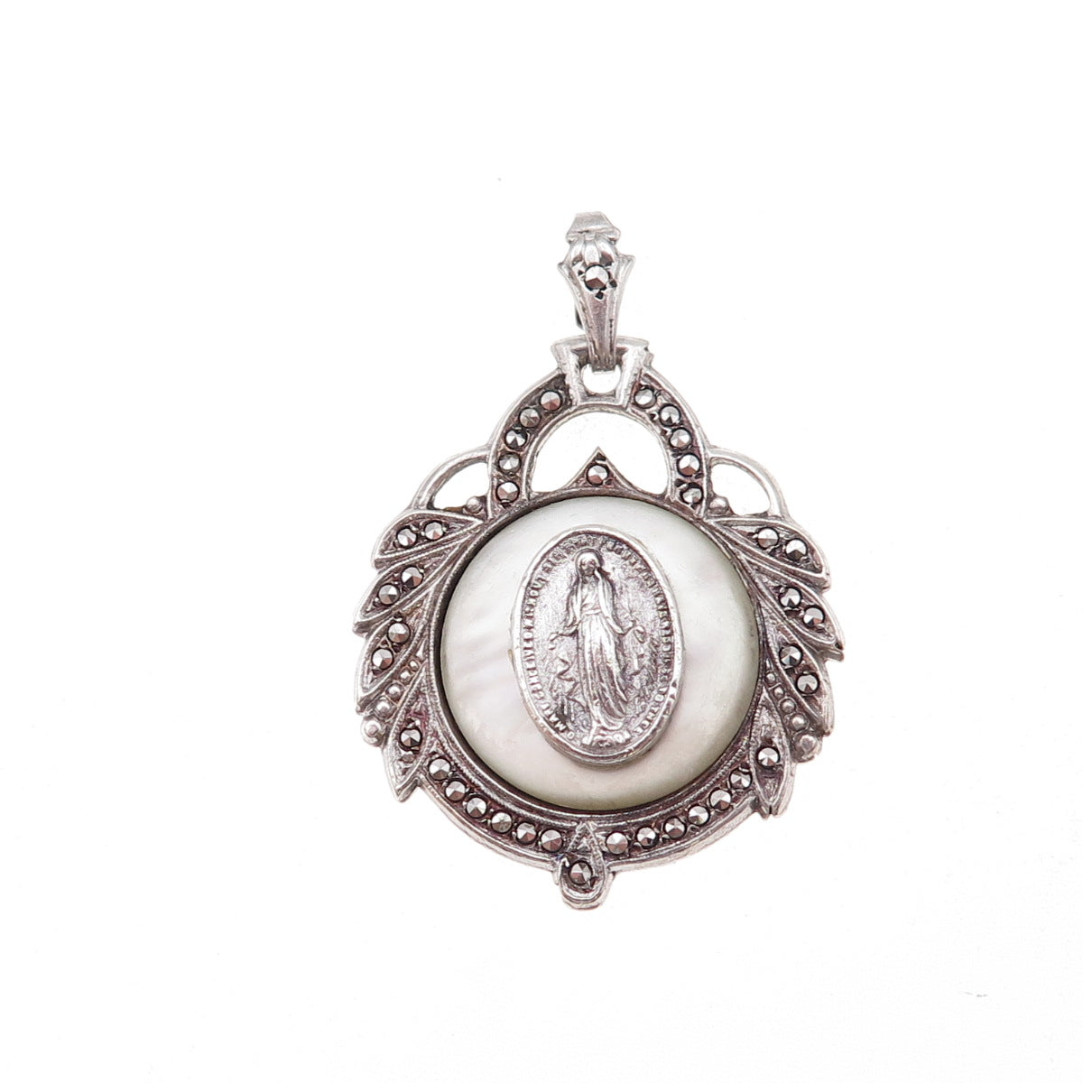 925 Sterling Silver Antique Art Deco Real MOP & Marcasite St. Mary Charm Pendant