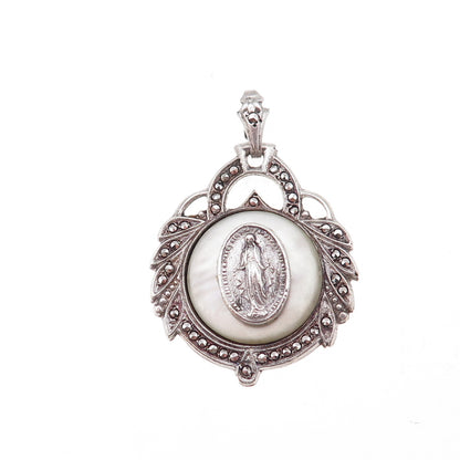 925 Sterling Silver Antique Art Deco Real MOP & Marcasite St. Mary Charm Pendant