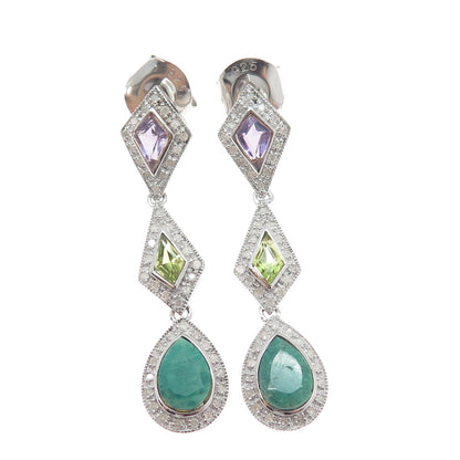 925 Sterling Silver Real Diamond Emerald Amethyst & Peridot Dangle Earrings