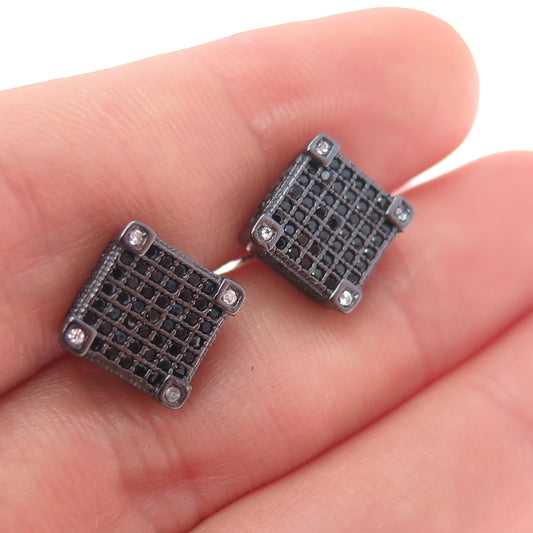 925 Sterling Silver Black Rhodium Round-Cut C Z Square Stud Earrings