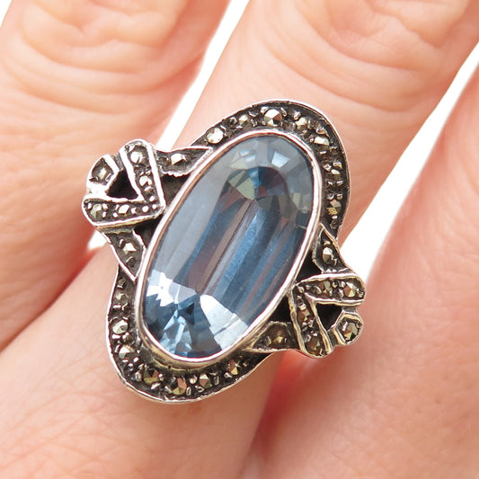 925 Sterling Silver Vintage Blue C Z Real Marcasite Oxidized Ring Size 8.25