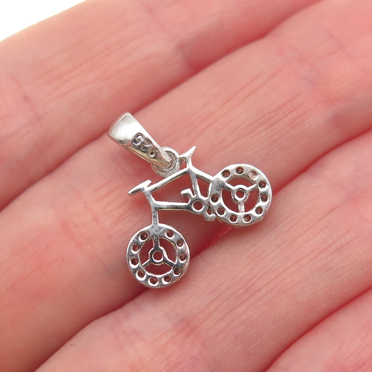 925 Sterling Silver Round-Cut C Z Bicycle Mini Charm Pendant