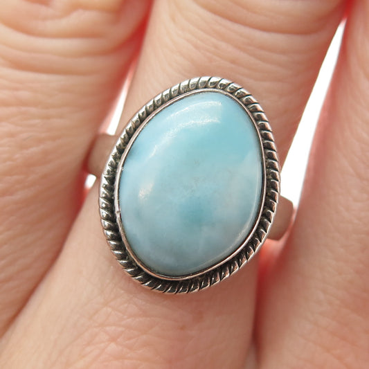 925 Sterling Silver Vintage Southwestern Real Cabochon Larimar Ring Size 7.5