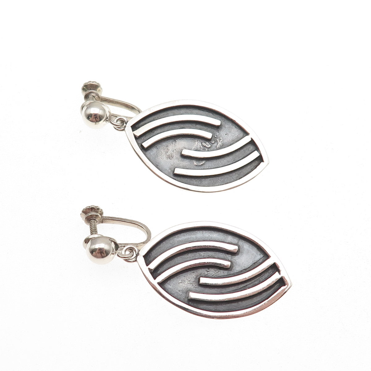 925 Sterling Silver Vintage Mexico Modernist Oxidized Dangle Screw Back Earrings