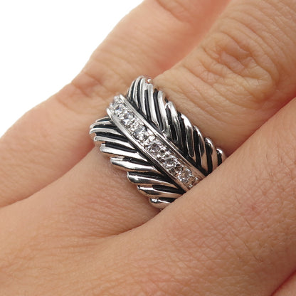 925 Sterling Silver Round-Cut C Z Feather Oxidized Band Ring Size 7