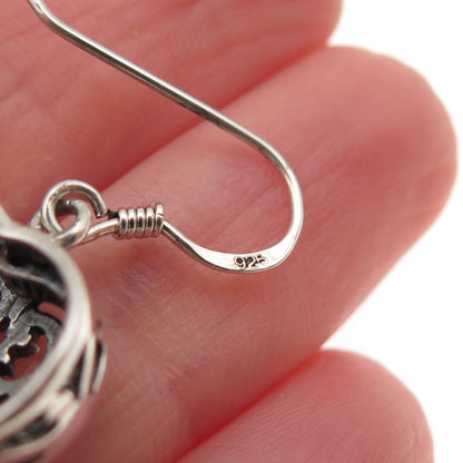 925 Sterling Silver Vintage Floral Heart Oxidized Dangle Earrings