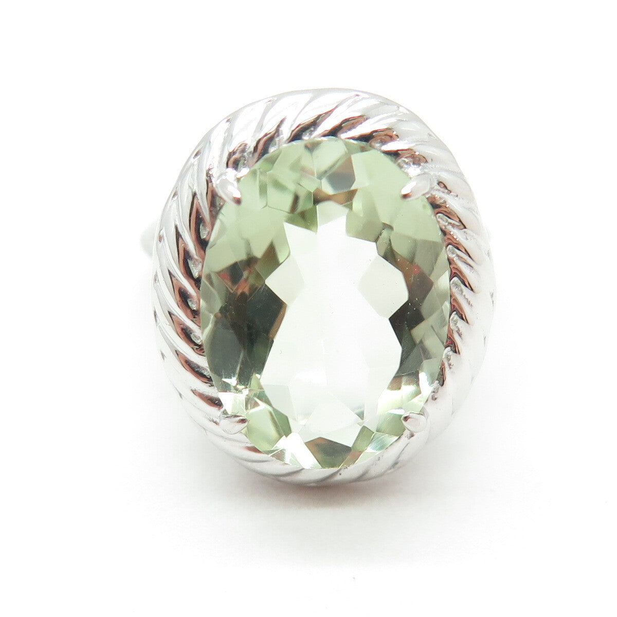 925 Sterling Silver Oval-Cut Green Amethyst Gemstone Twisted Ring Size 6.75