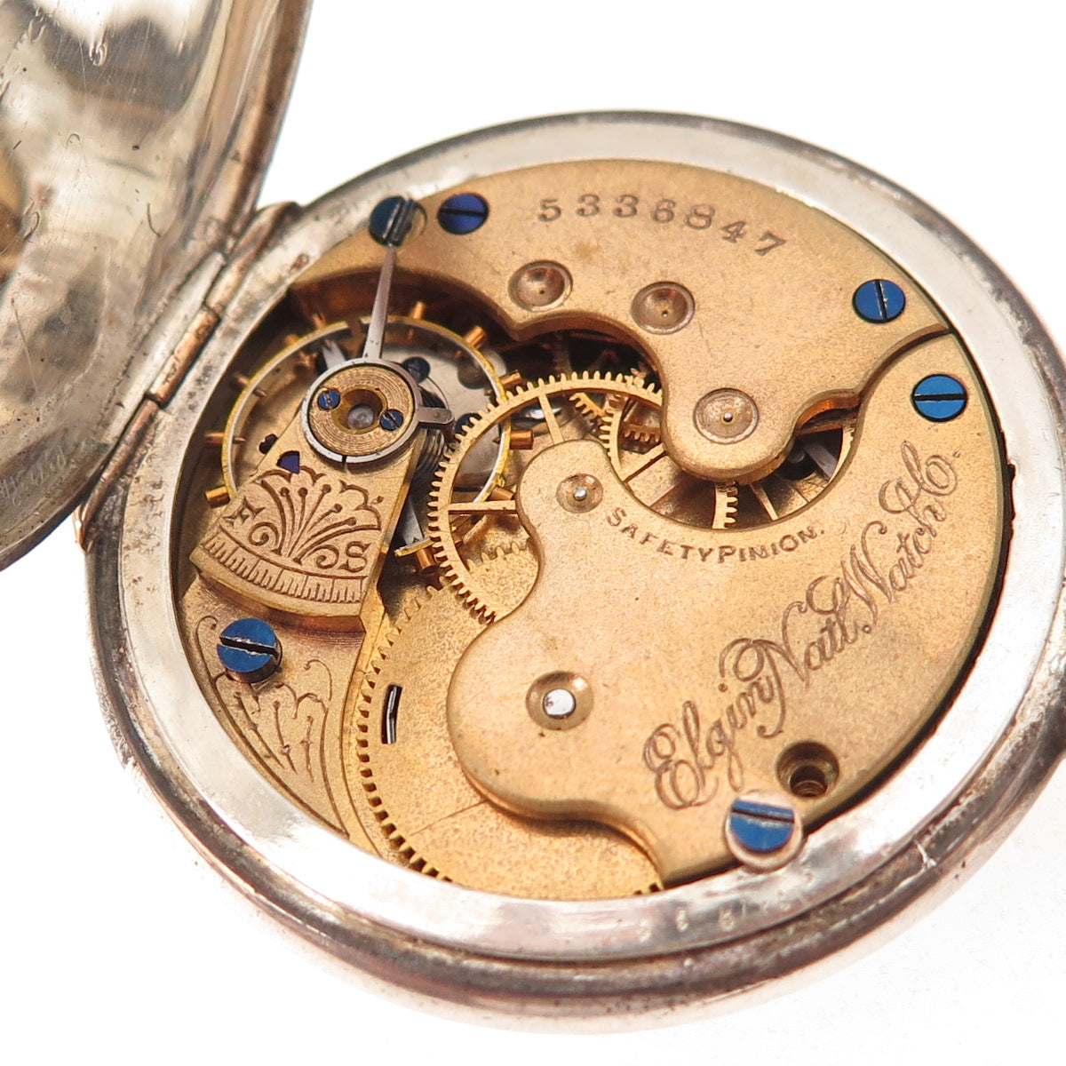 Elgin 925 Sterling & Gold Accent Antique Art Deco Open Face Pocket Watch