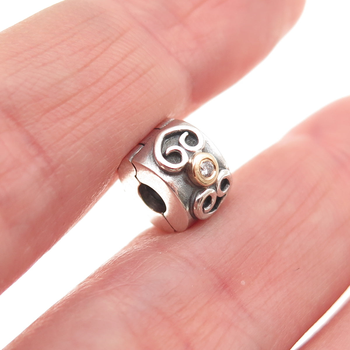 PANDORA 925 Sterling Silver Gold Real Diamond Double Heart Clip Bead Charm