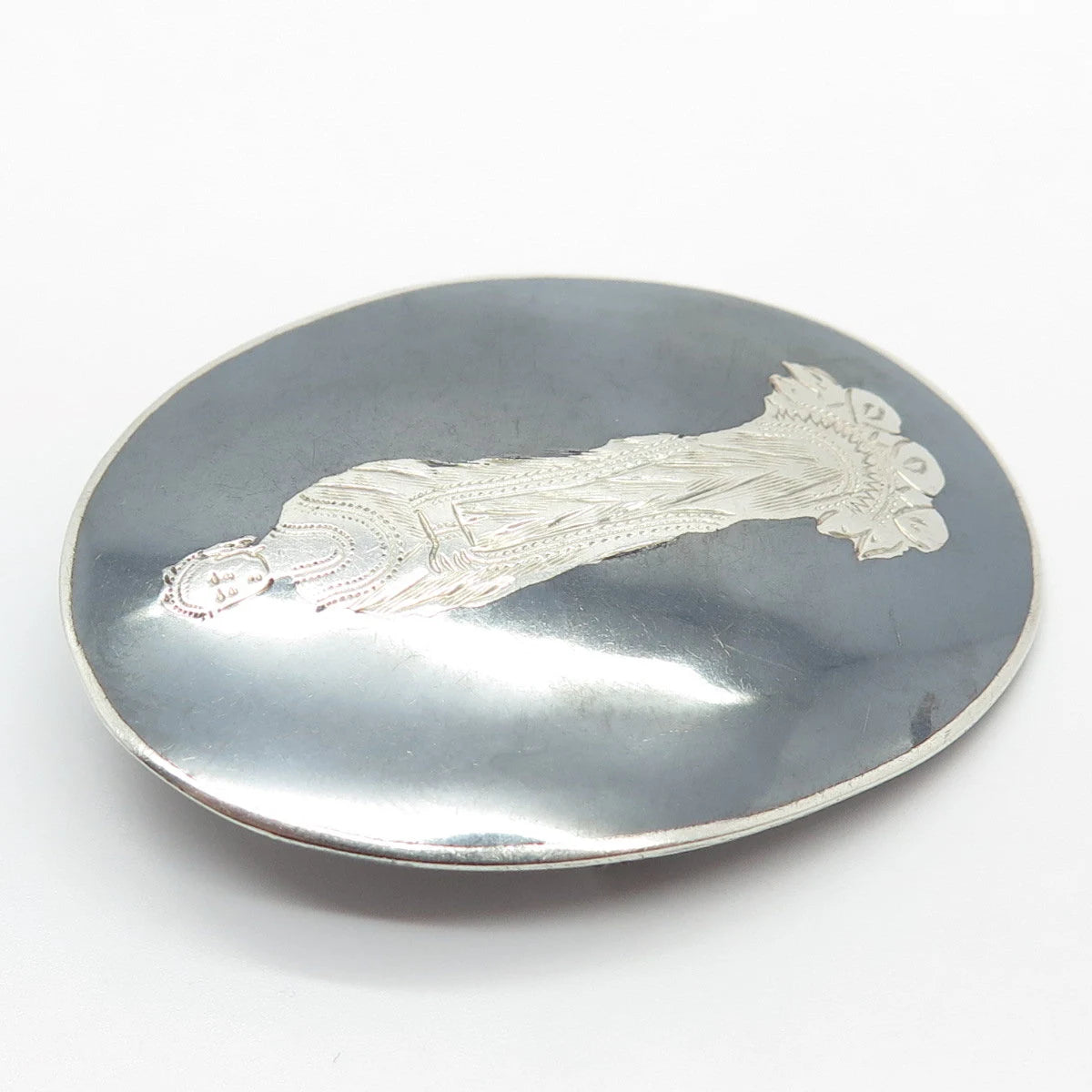 925 Sterling Silver Vintage Siam Hindu Goddess Oval Pin Brooch