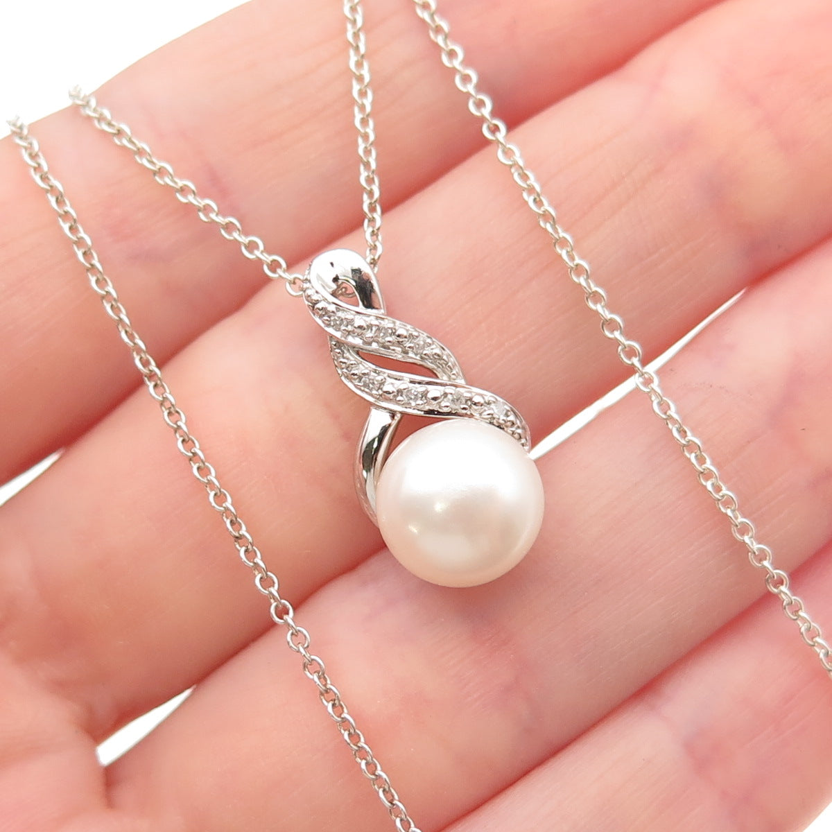 Richline 925 Sterling Silver Real Diamond & Pearl Cable Chain Necklace 18"