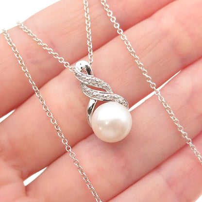 Richline 925 Sterling Silver Real Diamond & Pearl Cable Chain Necklace 18"