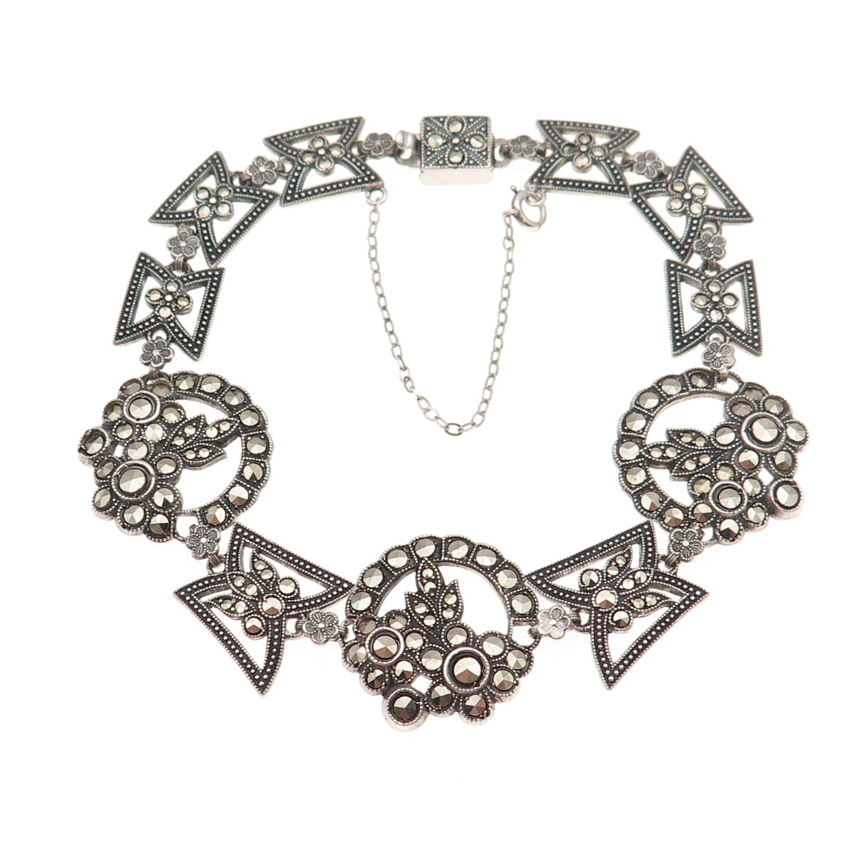 925 Sterling Silver Antique Art Deco Real Marcasite Floral Bracelet 7.25"