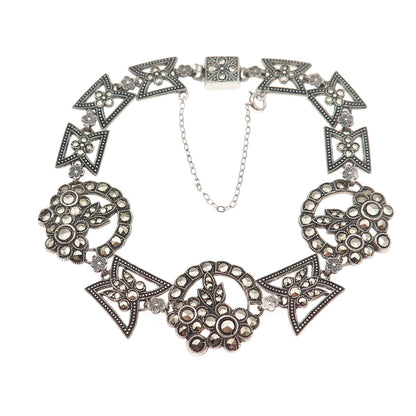 925 Sterling Silver Antique Art Deco Real Marcasite Floral Bracelet 7.25"