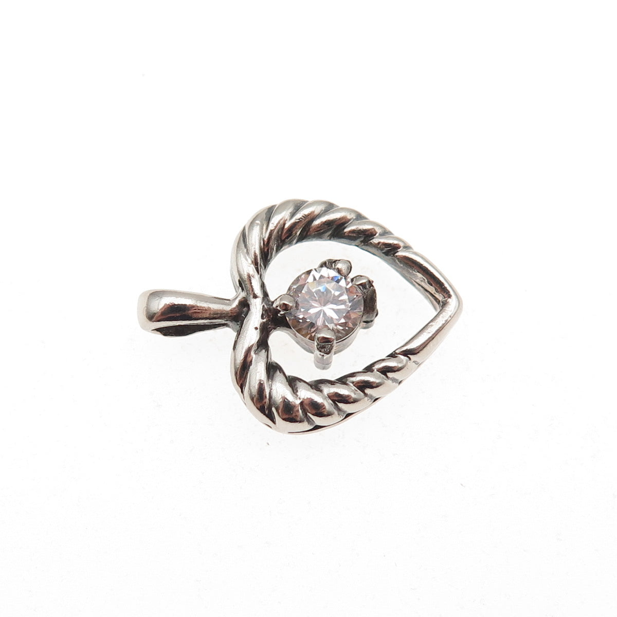 925 Sterling Silver Vintage Round-Cut C Z Heart Mini Charm Pendant
