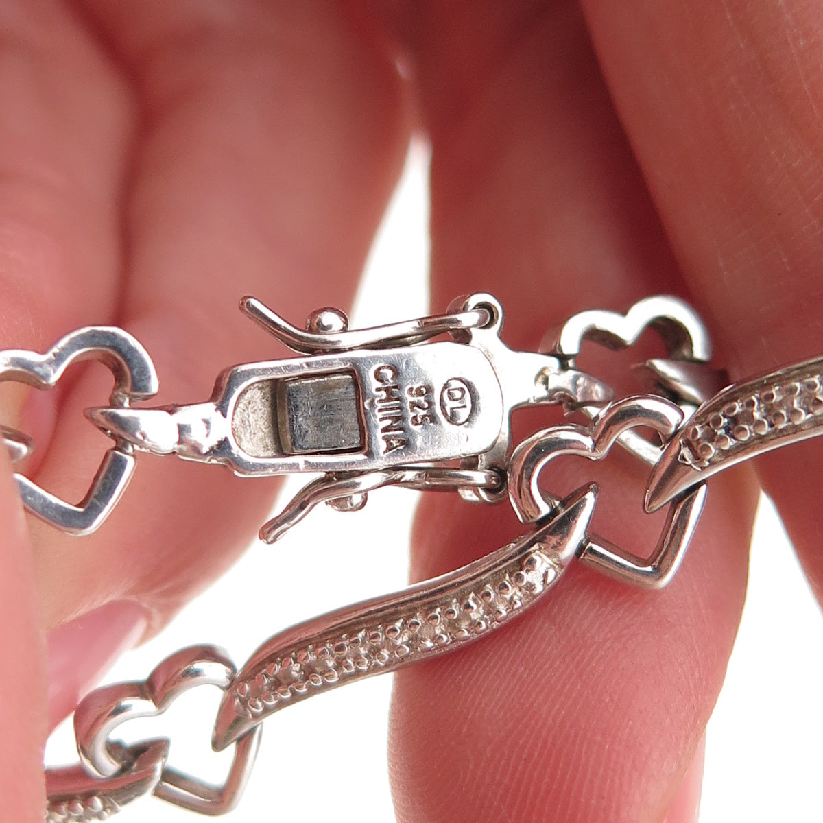 925 Sterling Silver Real Round-Cut Diamond Heart & Bar Link Bracelet 7.25"