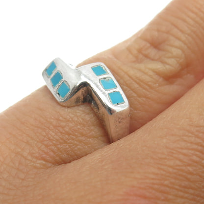 925 Sterling Silver Vintage Real Turquoise Gem Inlay Ring Size 4.5