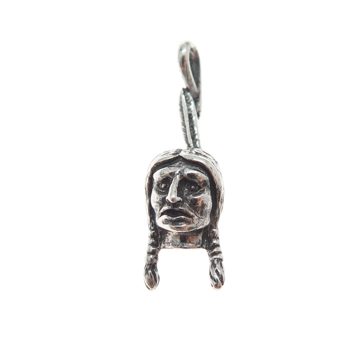 925 Sterling Silver Vintage Indian Chief Oxidized Minimalist 3D Charm Pendant
