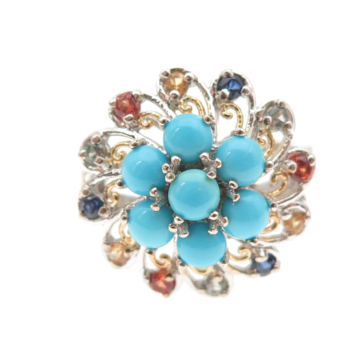 Chuck Clemency 925 Sterling 2-Tone Real Turquoise & Multi-Sapphire Ring Size 8